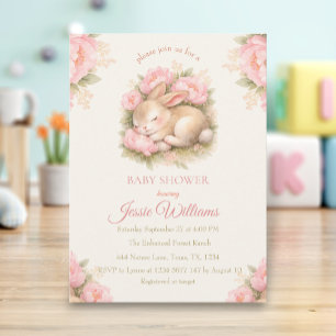 Cute Bunny Rabbit Pink Blush Baby Shower Invitation