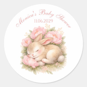 Cute Bunny Rabbit Pink Blush Peony Baby Shower Classic Round Sticker