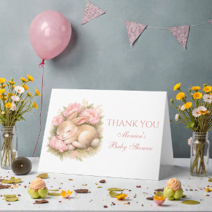 Cute Bunny Rabbit Pink Blush Peony Baby Shower Thank You Card