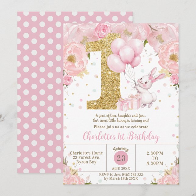 Cute Bunny Rabbit Pink Floral 1st Birthday One Invitation (Front/Back)