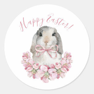 Cute Bunny Rabbit Pink Floral Happy Easter Script Classic Round Sticker