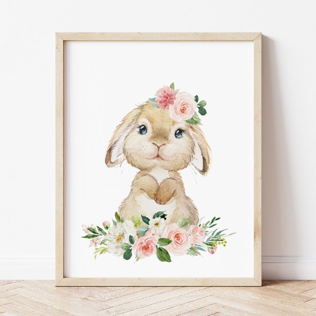 Cute Bunny, Rabbit, Pink Flowers, Girl Nursery Poster (Creator Uploaded)