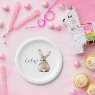 Cute Bunny Rabbit Pink Heart Tail Baby Shower Paper Plate
