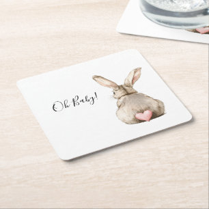 Cute Bunny Rabbit Pink Heart Tail Baby Shower Square Paper Coaster