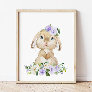 Cute Bunny, Rabbit, Purple Flowers, Gender Neutral Poster