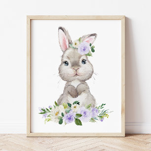 Cute Bunny, Rabbit, Purple Flowers, Gender Neutral Poster