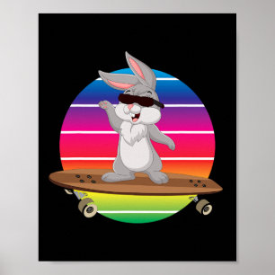 Cute Bunny Rabbit Riding Skateboard Rainbow Skater Poster