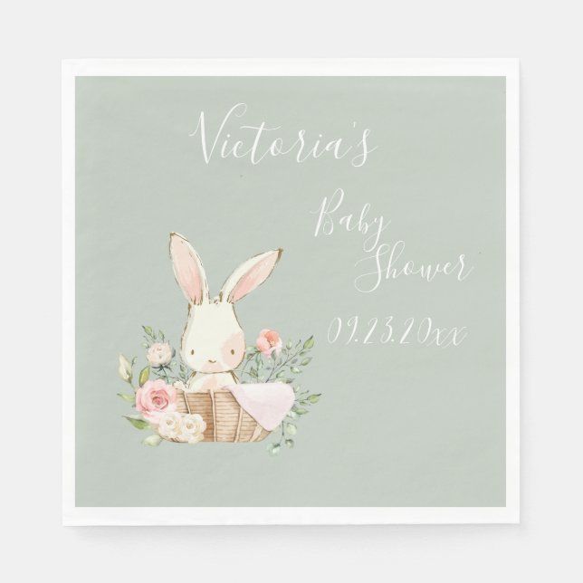 Cute Bunny Rabbit Sage Baby Shower Personalised  Napkin (Front)