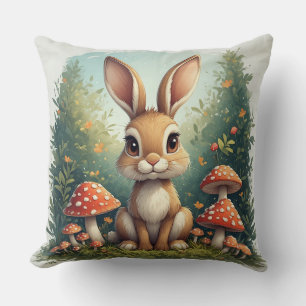 Cute Bunny Rabbit Sitting Among Red Mushrooms Cushion