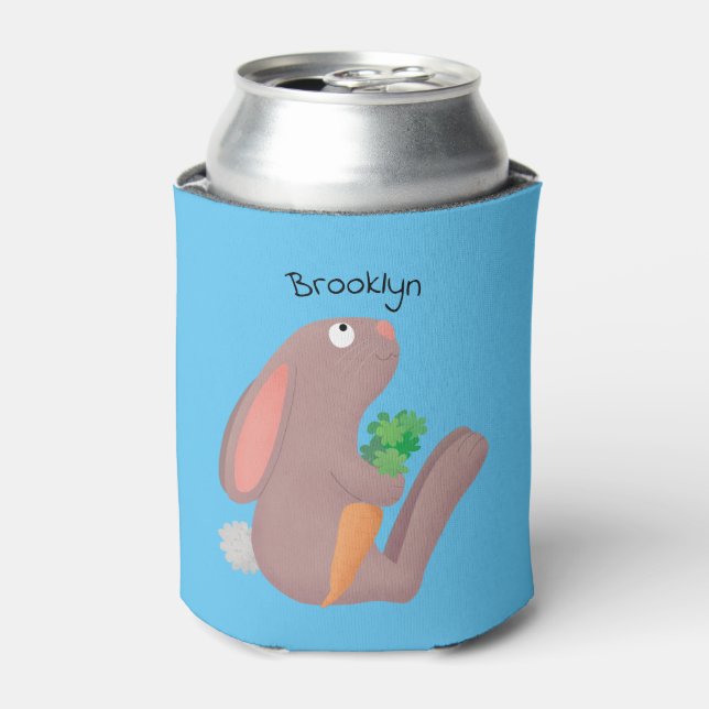 Cute bunny rabbit sitting with carrot cartoon can cooler (Can Front)