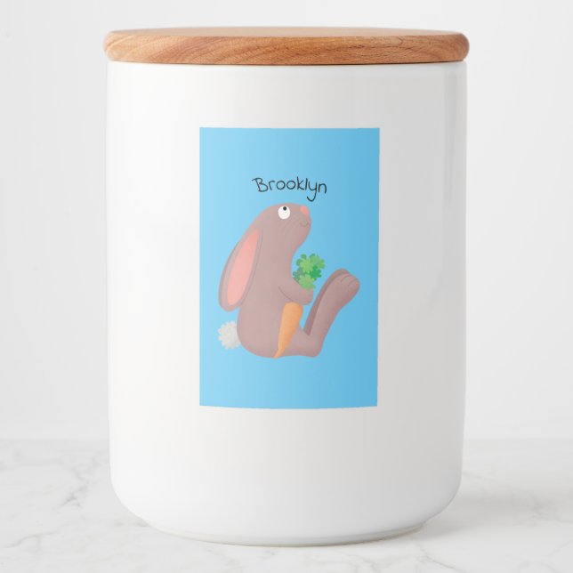 Cute bunny rabbit sitting with carrot cartoon food label (Front)