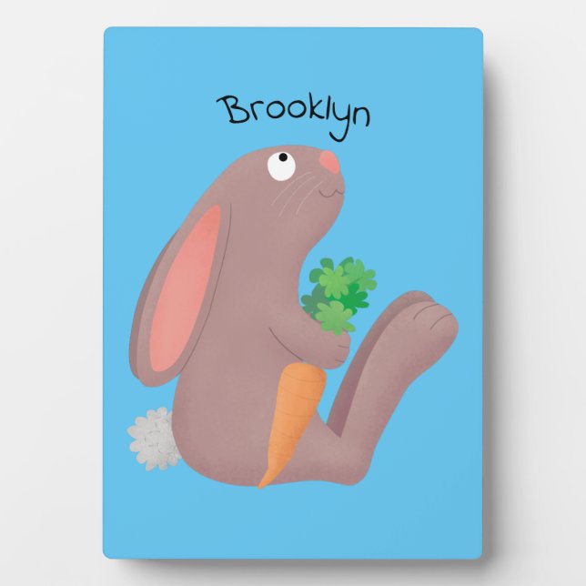 Cute bunny rabbit sitting with carrot cartoon plaque (Front)