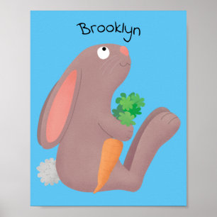 Cute bunny rabbit sitting with carrot cartoon poster