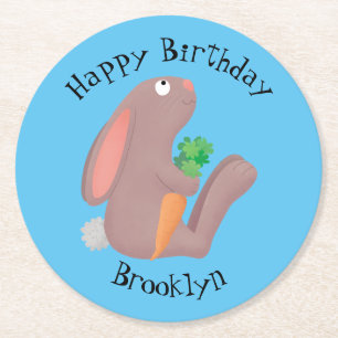 Cute bunny rabbit sitting with carrot cartoon round paper coaster