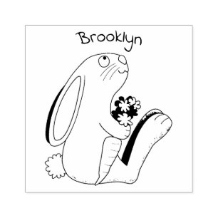 Cute bunny rabbit sitting with carrot cartoon rubber stamp