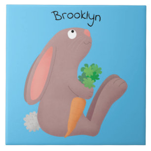 Cute bunny rabbit sitting with carrot cartoon tile