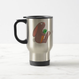 Cute bunny rabbit sitting with carrot cartoon travel mug