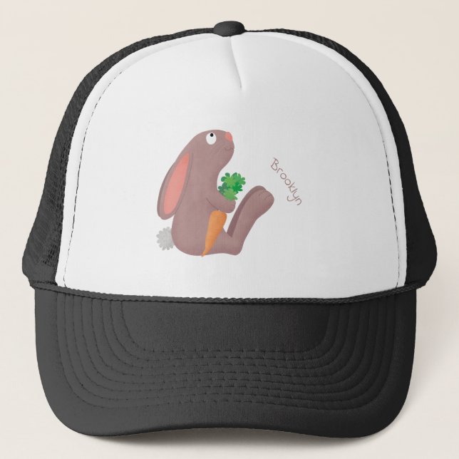 Cute bunny rabbit sitting with carrot cartoon trucker hat (Front)