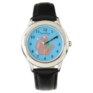 Cute bunny rabbit sitting with carrot cartoon watch