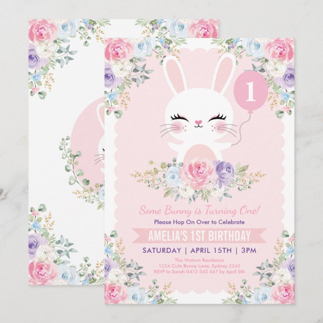 Cute Bunny Rabbit Spring Flowers 1st Birthday Invitation (Front/Back)