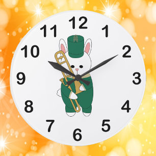 Cute Bunny Rabbit Trombone Green Gold Large Clock