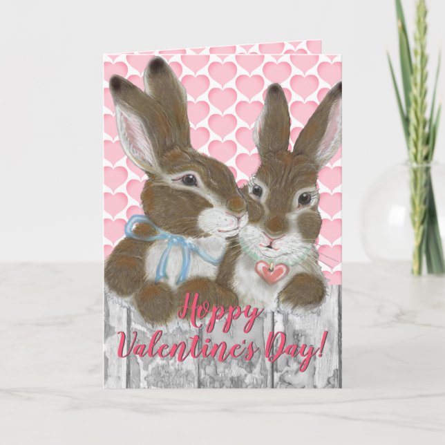 Cute Bunny Rabbit Valentine Pink Hearts Romantic Holiday Card (Front)