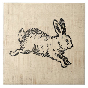 Cute Bunny Rabbit Vintage Illustration Script Art Tile