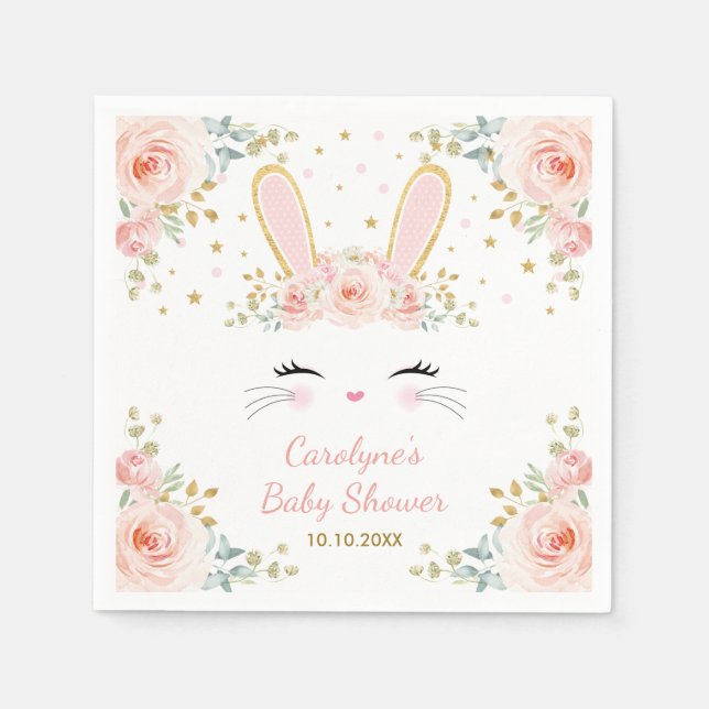 Cute Bunny Rabbit Watercolor Blush Roses Party Napkin (Front)