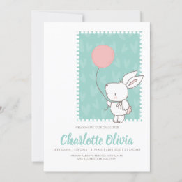 Cute Bunny Rabbit With Balloon New Baby Announcement