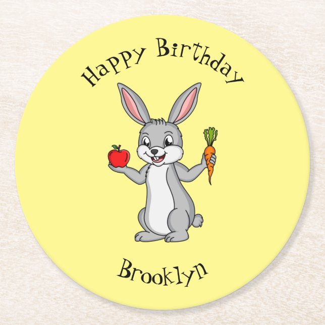 Cute bunny rabbit with vegetables cartoon round paper coaster (Front)