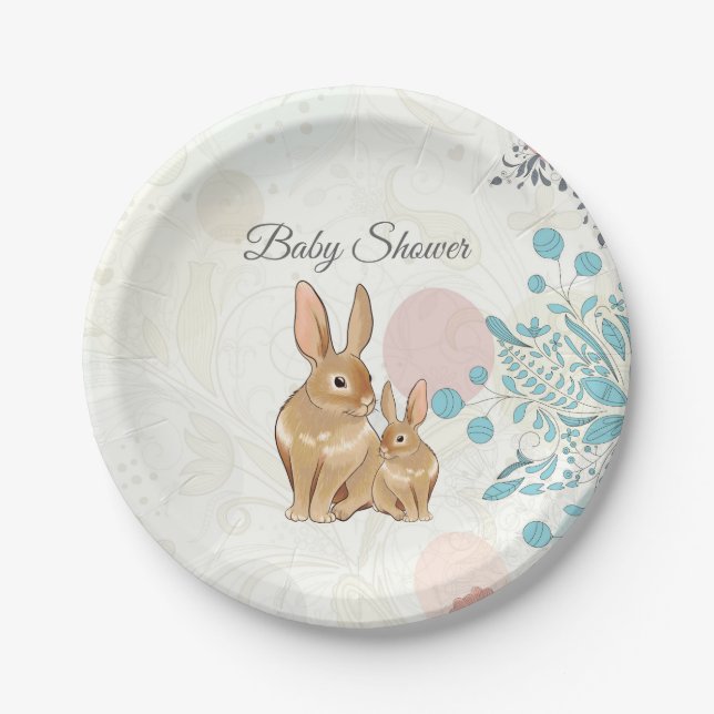 Cute Bunny Rabbits and Flowers Spring Baby Shower Paper Plate (Front)