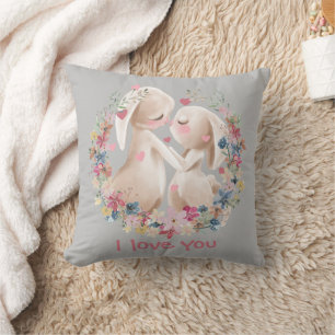 Cute Bunny Rabbits in Love Floral Wreath Cushion
