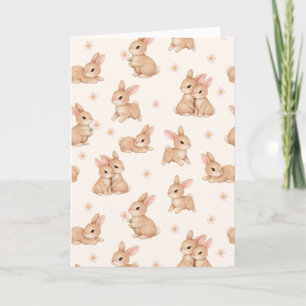 Cute Bunny Rabbits Pink Floral Pattern Easter Holiday Card