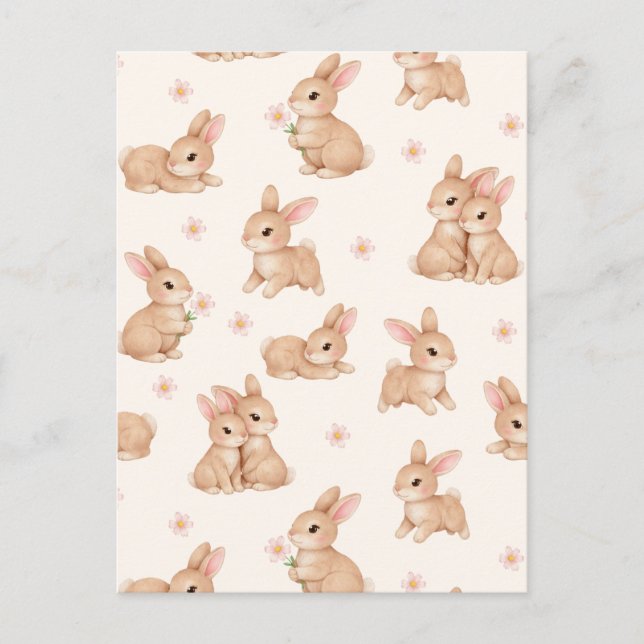 Cute Bunny Rabbits Pink Floral Pattern Easter Holiday Postcard (Front)