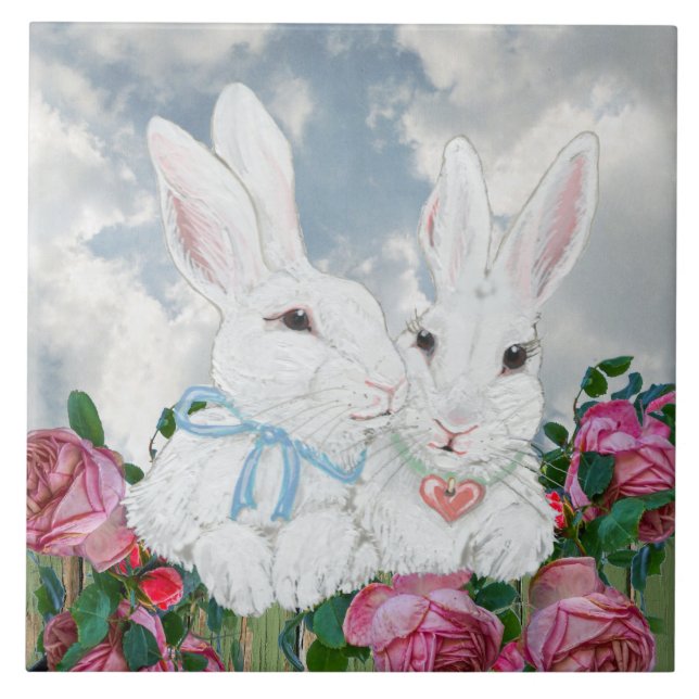 Cute Bunny Rabbits & Pink Roses Romantic Fun Tile (Front)
