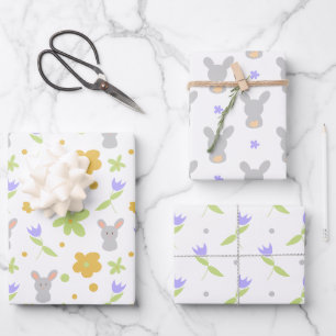 Cute Bunny Rabbits Purple Flowers Wrapping Paper Sheet
