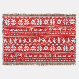 Cute Bunny Rabbits Red Christmas Holiday Pattern Throw Blanket
