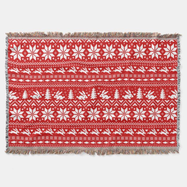 Cute Bunny Rabbits Red Christmas Holiday Pattern Throw Blanket (Front)