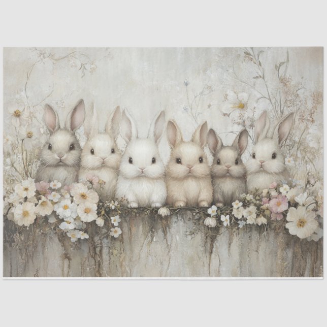 Cute Bunny Rabbits Wildflowers Decoupage Tissue Paper (Front)