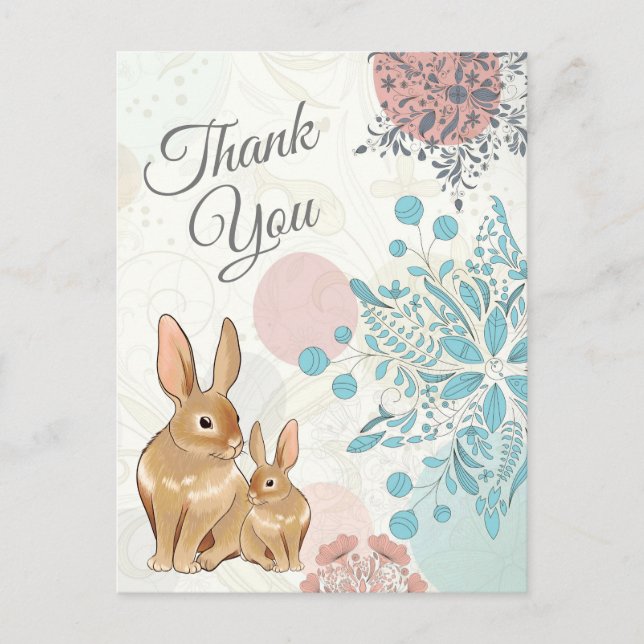 Cute Bunny Rabbits with Flowers Spring Thank You Postcard (Front)
