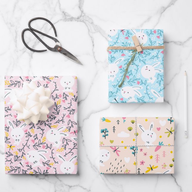 Cute Bunny Rabbits Wrapping Paper Set of 3 (Front)