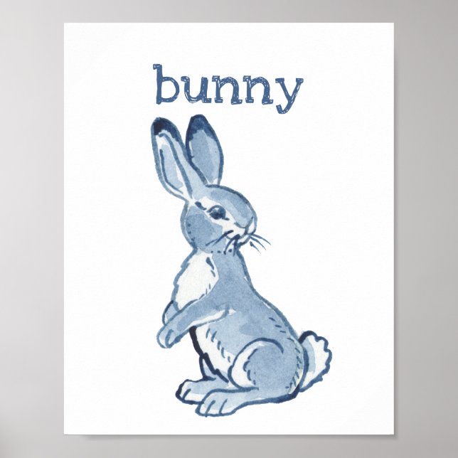 Cute Bunny Rabblt Blue Watercolor Animal Nature Poster (Front)