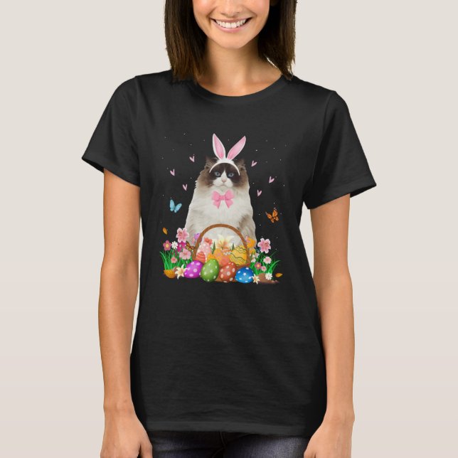 Cute Bunny Ragdoll Cat & Easter Egg Basket Easter  T-Shirt (Front)