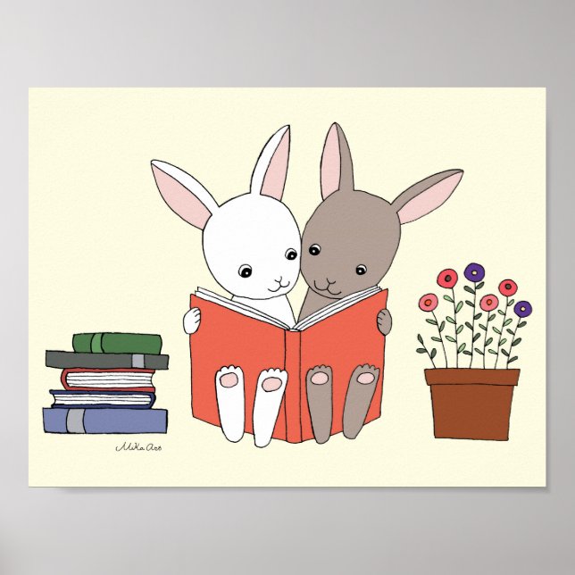 Cute Bunny Reading Books Print Nursery Art Poster (Front)