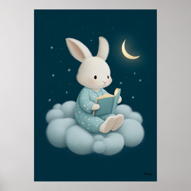 Cute Bunny Reading on Cloud Nursery Bedtime Poster (Front)
