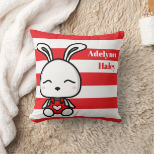 Cute Bunny Red Striped Birth Stats Throw Pillow