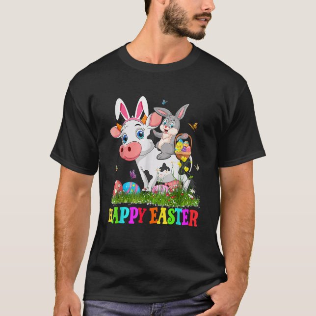 Cute Bunny Riding Cow Easter Egg Cute Rabbit Easte T-Shirt (Front)