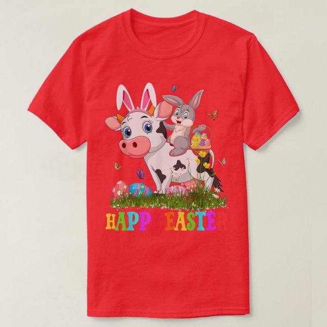 Cute Bunny Riding Cow Easter Egg Cute Rabbit Easte T-Shirt (Design Front)