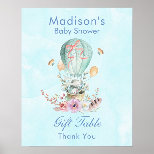 Cute Bunny Riding in a Balloon Baby Shower Poster (Front)