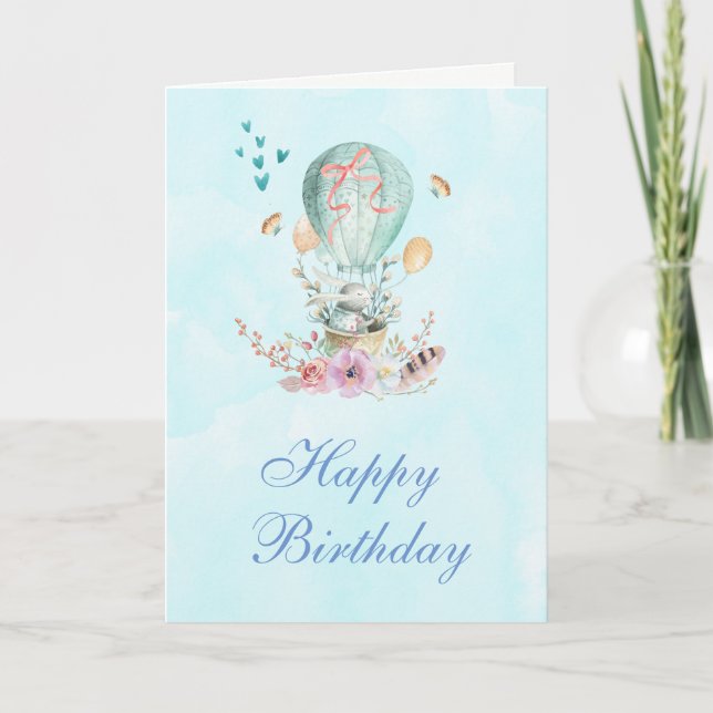 Cute Bunny Riding in a Hot-Air Balloon Birthday Card (Front)